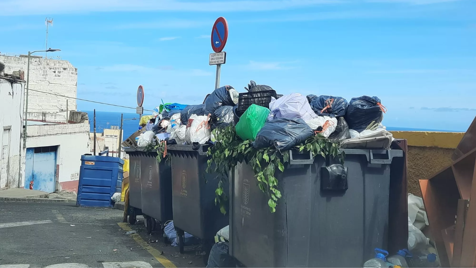 Contenedores rebosados en Risco de San Nicolás, muestra de la suciedad en Las Palmas de Gran Canaria. / AH