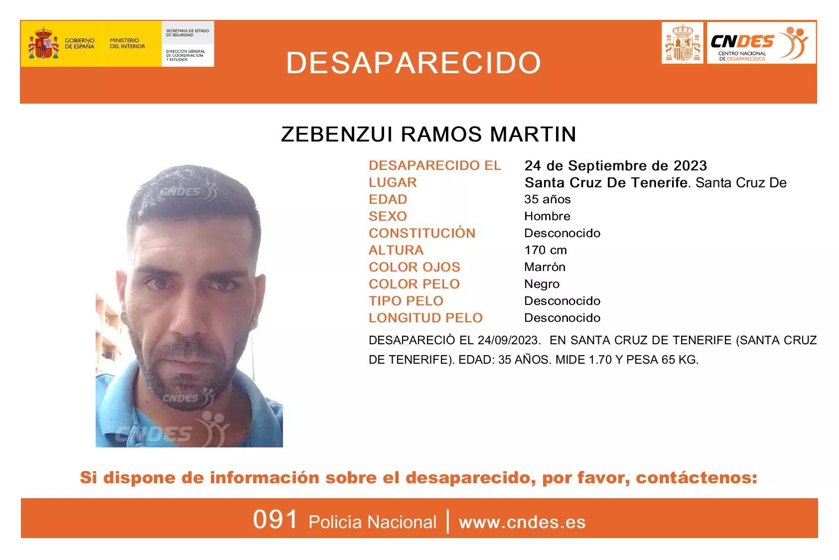 Zebenzui Ramos Martín, desaparecido en Tenerife. / CNDES