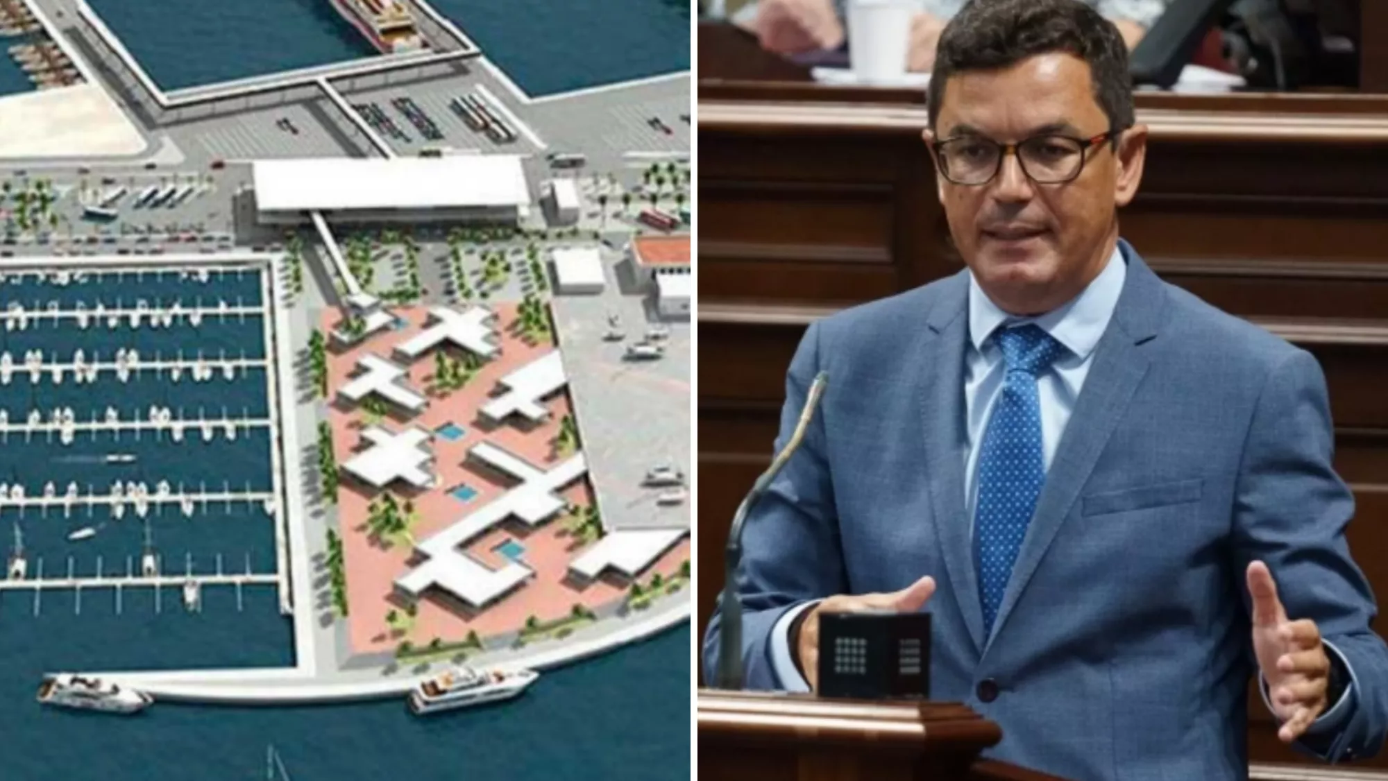 El puerto de Fonsalía y el consejero de Obras Públicas, Vivienda y Movilidad del Gobierno de Canarias, Pablo Rodríguez. / PROYECTO EFE El puerto de Fonsalía y el consejero de Obras Públicas, Vivienda y Movilidad del Gobierno de Canarias, Pablo Rodríguez. / PROYECTO EFE