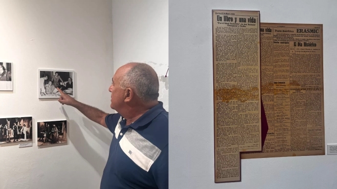 El nieto de Rial señalando una foto de su abuelo y un artículo del mismo en La Provincia / FUNDACIÓN JUAN NEGRÍN