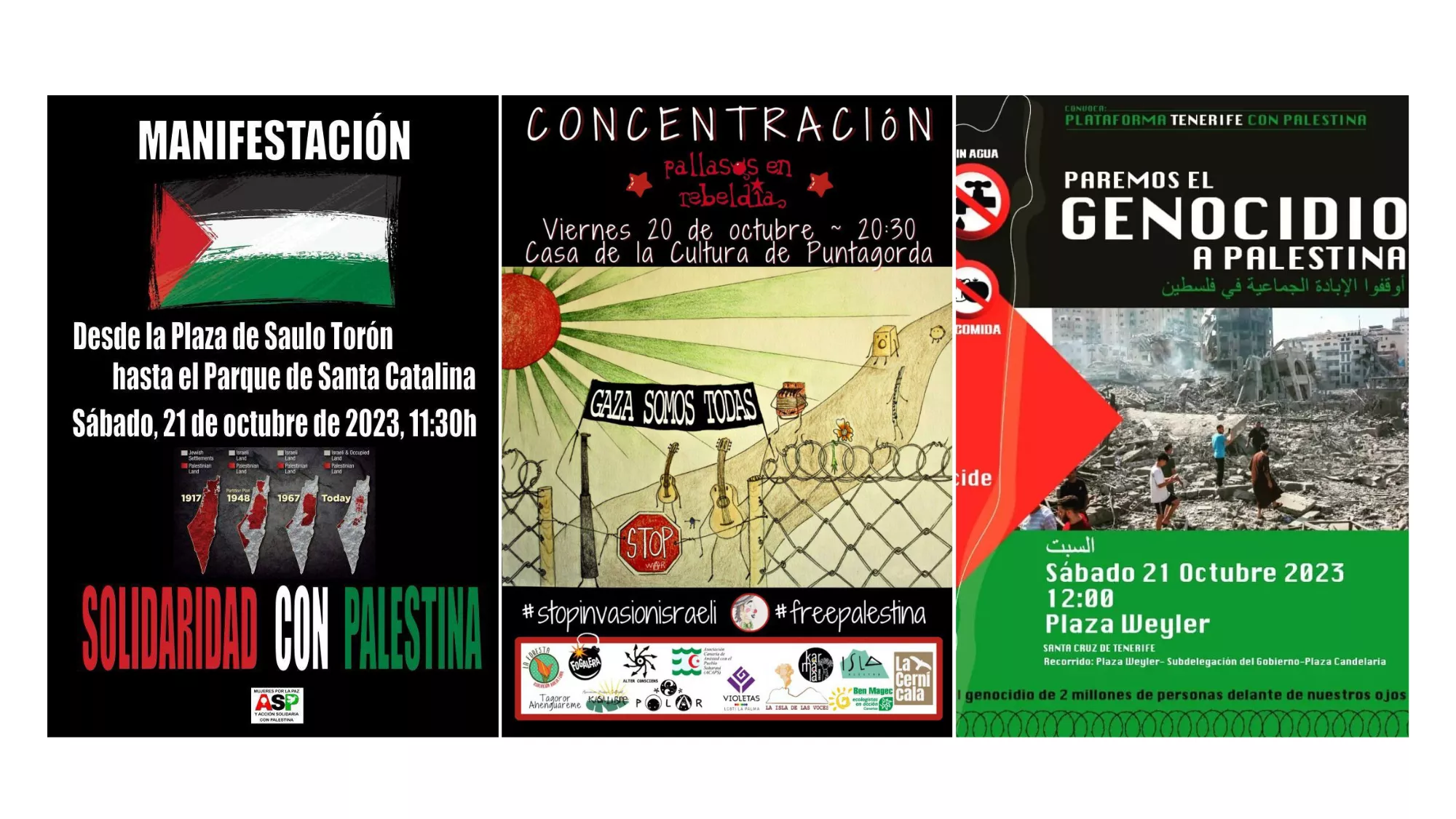 Cartel de varias manifestación en apoyo al pueblo palestino en Canarias. / COMPOSICIÓN DE ATLÁNTICO HOY