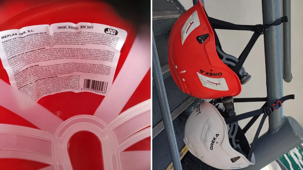 A la izquierda, el casco de albañilería que se usaba antes en el barco de Armas. A la derecha, los nuevos que se usan desde el accidente de Ayoze./ CEDIDAS A la izquierda, el casco de albañilería que se usaba antes en el barco de Armas. A la derecha, los nuevos que se usan desde el accidente de Ayoze./ CEDIDAS