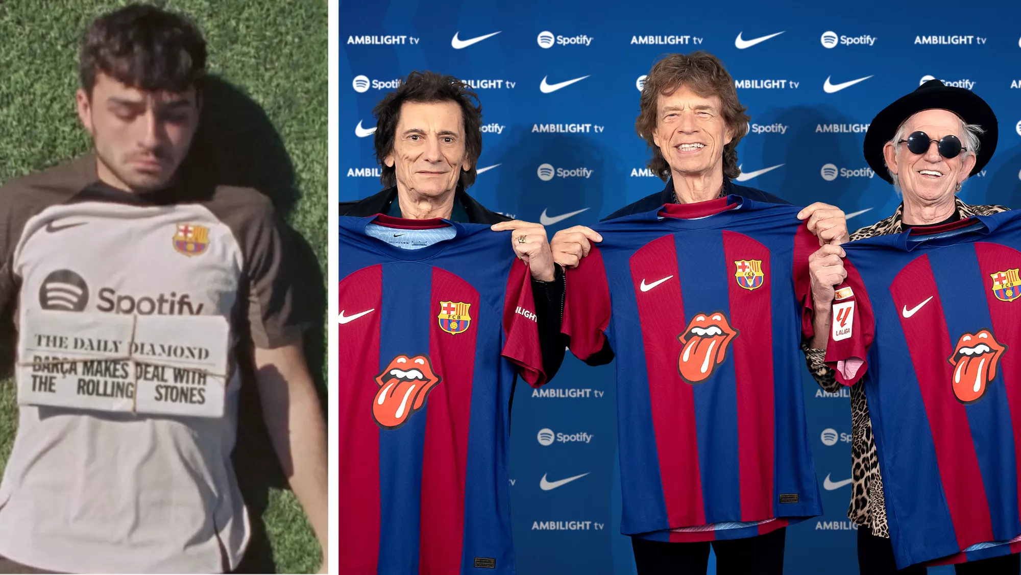 Pedri, a la izquierda, en uno de los fotogramas del vídeo; a la derecha, Ron Wood, Mick Jagger y Keith Richards posan con la camiseta del Barça con el logo de los Rolling Stones en el pecho