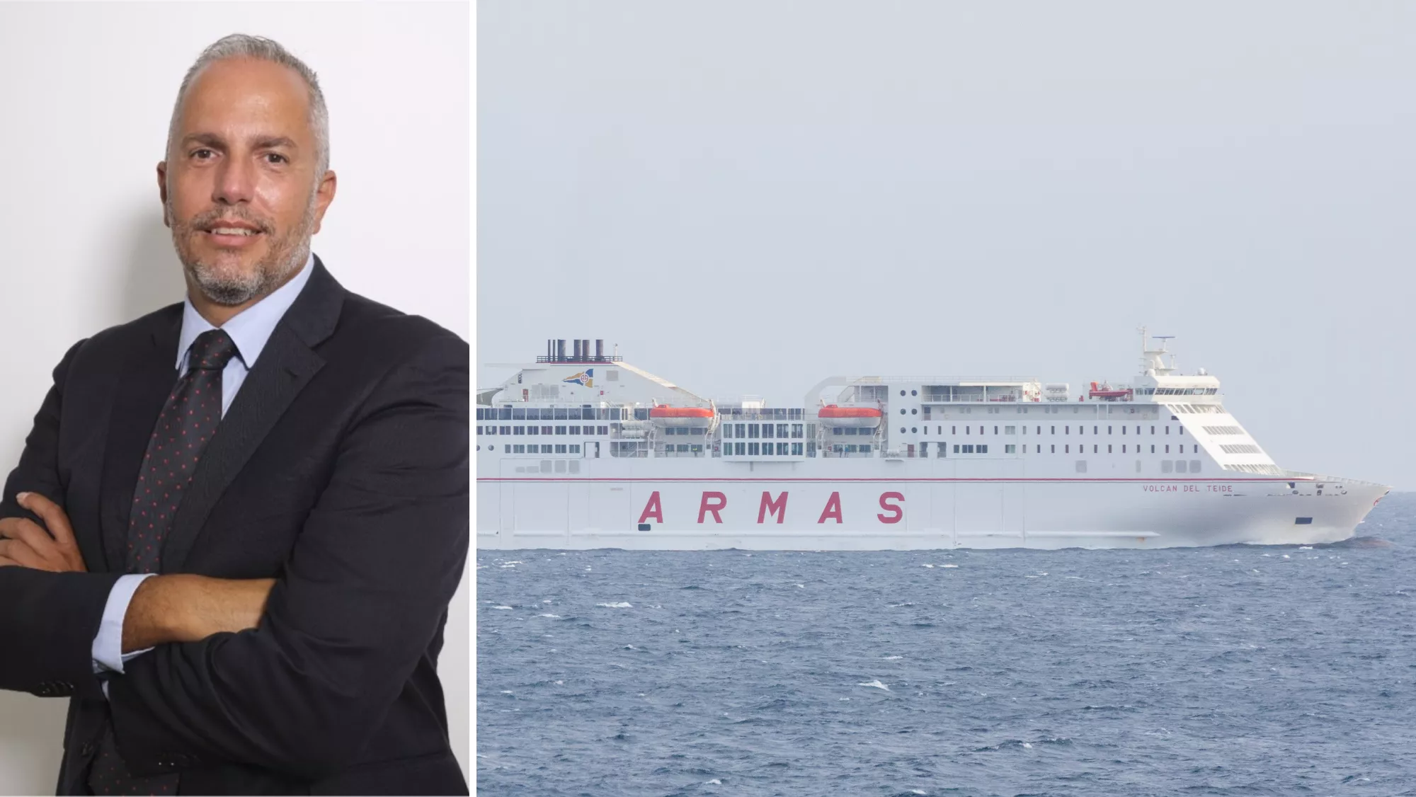 Evelio Sosa Cárdenes, director de servicios a bordo de Naviera Armas, y el barco Volcán del Teide./ MONTAJE AH