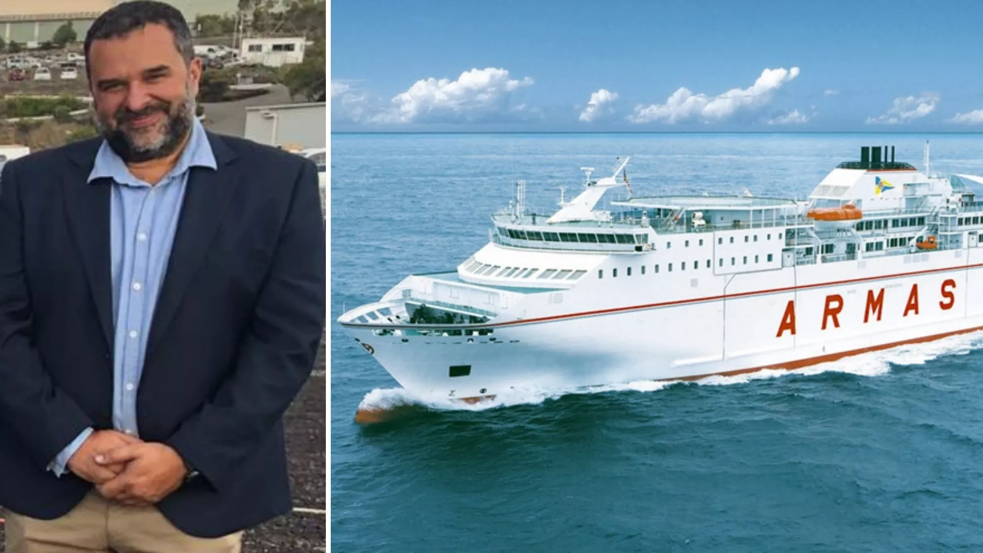Luis Jesús Méndez Concepción, jefe de flota de Naviera Armas, y un buque de la compañía./ MONTAJE AH