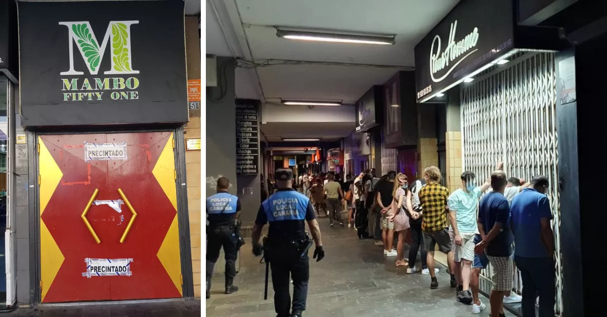 A la izquierda, el Mambo precintado actualmente. A la derecha, una imagen de archivo de 2021, cuando fue desalojado por una fiesta ilegal también con menores./ MONTAJE AH
