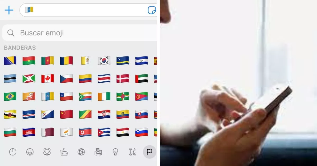 Una pantalla de emojis de banderas con la de Canarias seleccionada y una chica usando un teléfono móvil / AH