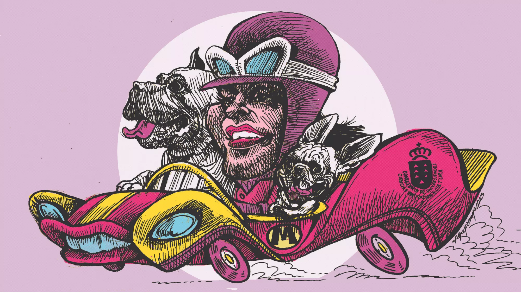 Retrato de Migdalia Machín (acompañada por Yako y Thor en su autoloco) firmado por Pepe Farruqo.