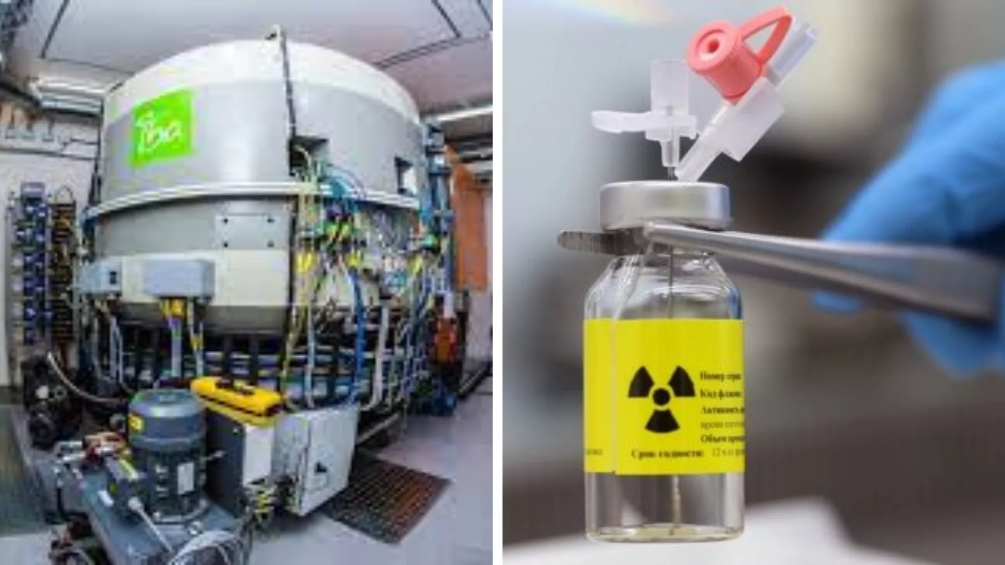 En la imagen, a la izquierda, un ciclotrón; a la derecha, una dosis de un radiofármaco. / AH