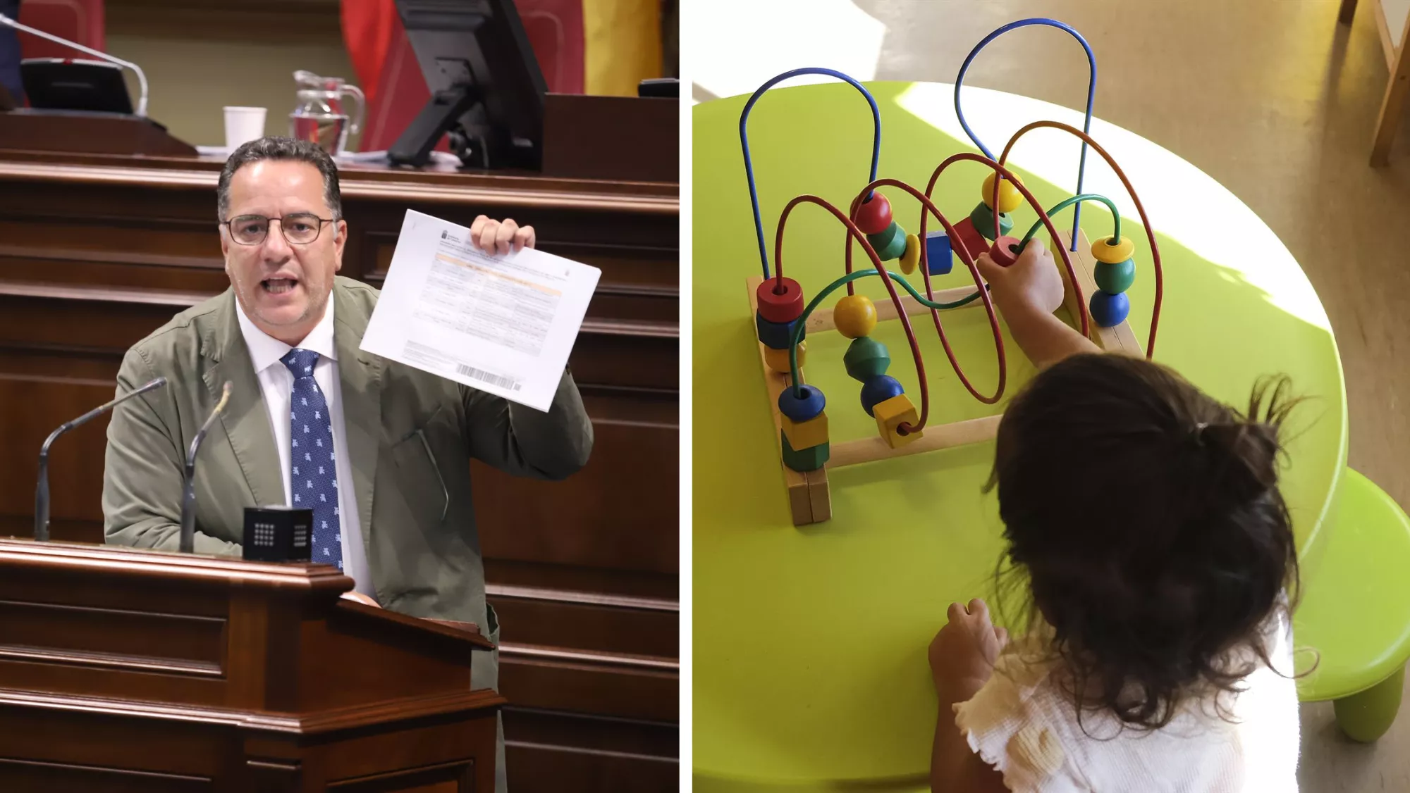 Poli Suárez, consejero de Educación del Gobierno de Canarias, y una niña de dos años en un aula. / AH
