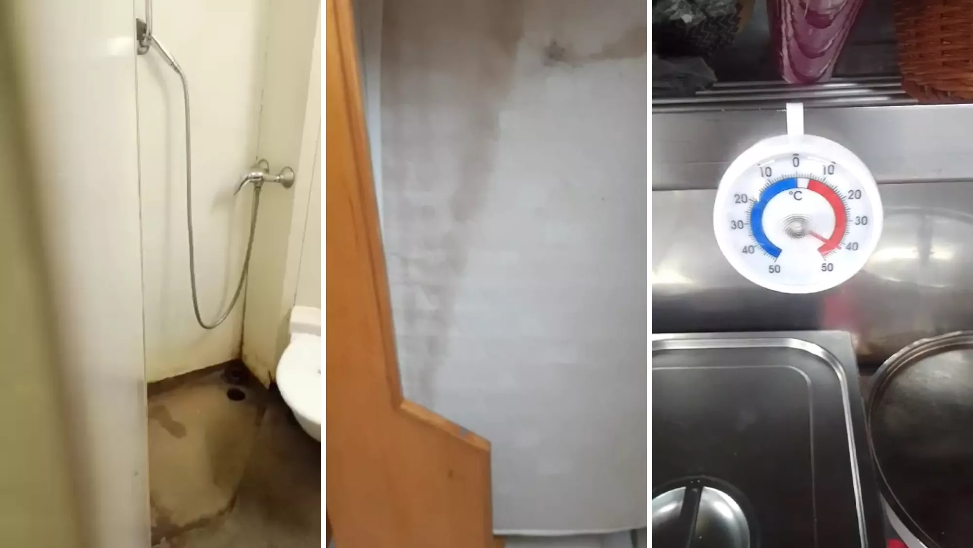 Baños de un camarote del barco 'Volcán de Tamasite' de Naviera Armas, un colchón con humedades en el barco 'Volcán de Tauce' y la cocina del mismo buque a más de 40 grados./ CEDIDAS 