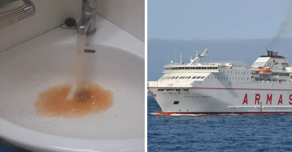 Agua turbia por el óxido en el barco 'Volcán de Timanfaya' de Naviera Armas./ MONTAJE AH