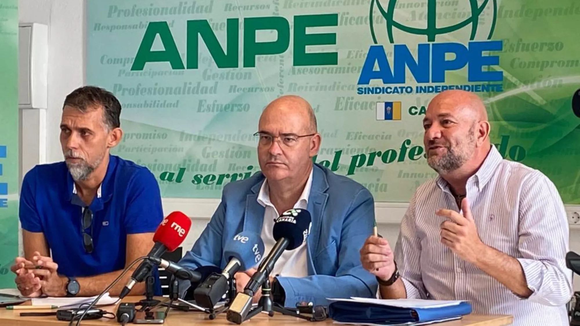 Domingo Rodríguez (i), Pedro Crespo (c) y Víctor González (d), de ANPE, en la presentación de la Memoria del Defensor del Profesor. / ARCHIVO AH - ALBA MARICHAL 