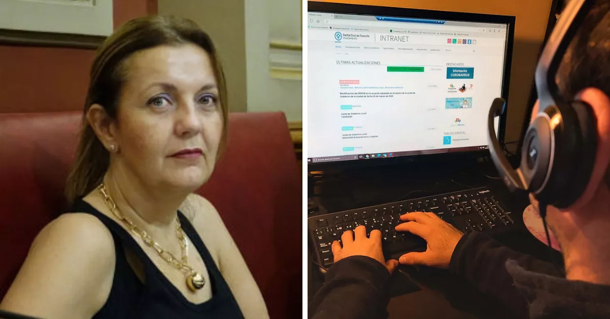 La concejal de Recursos Humanos de Santa Cruz, Purificación Dávila, y un empleado del ayuntamiento en modalidad de teletrabajo./ MONTAJE AH