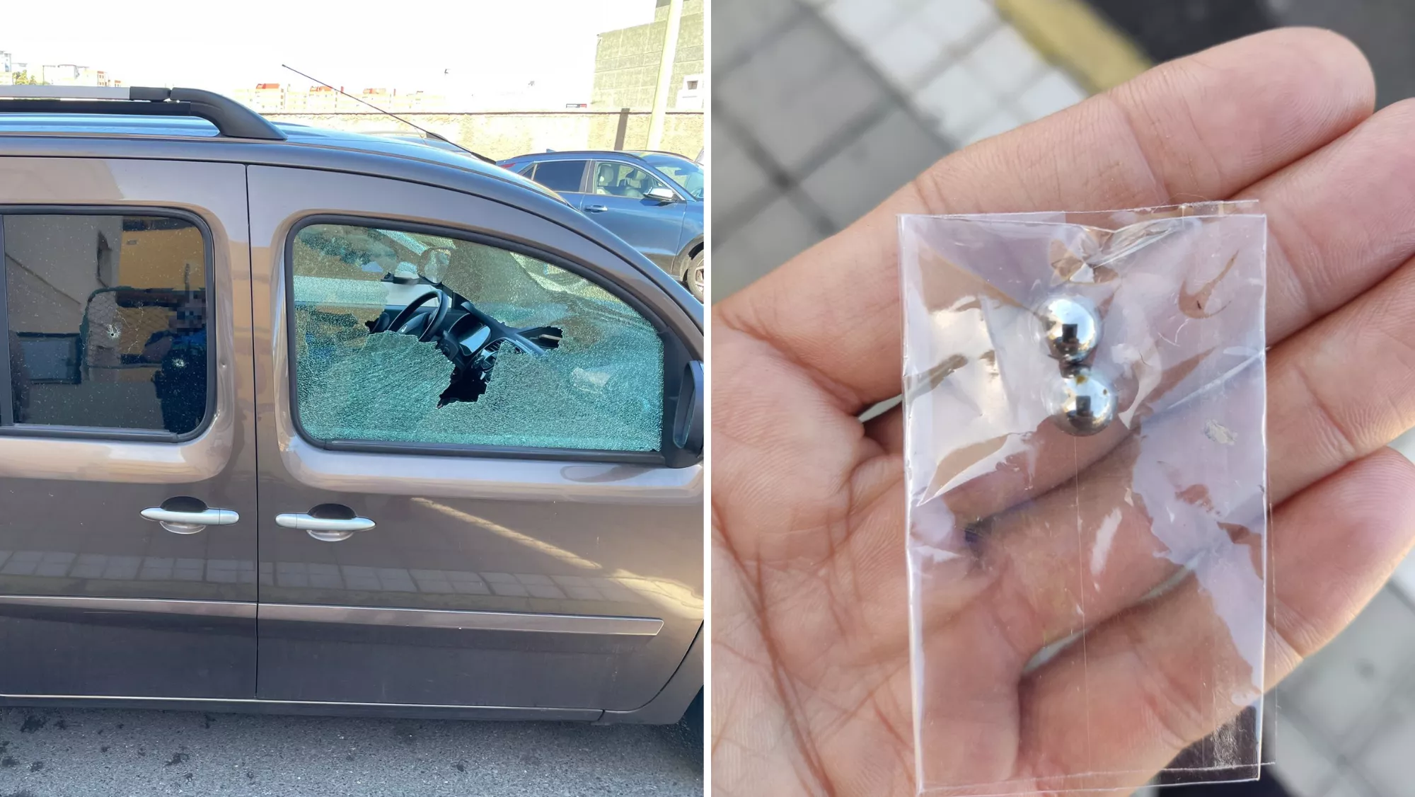 Imagen de cómo ha quedado el coche vandalizado en Las Palmas de Gran Canaria y a la derecha la munición empleada / AH
