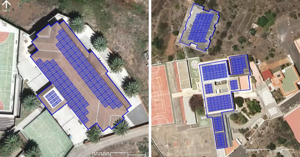 Proyección de placas fotovoltaicas en los CEO Barlovento (izquierda) y Tijarafe (derecha)./ CONSEJERÍA EDUCACIÓN