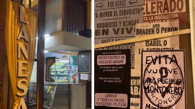 A la izquierda, la churrería Montesol transformada en un café de Buenos Aires. A la derecha, cartelería peronista en una esquina de la calle Perojo para el rodaje de Lo que aprendí de mi pingüino