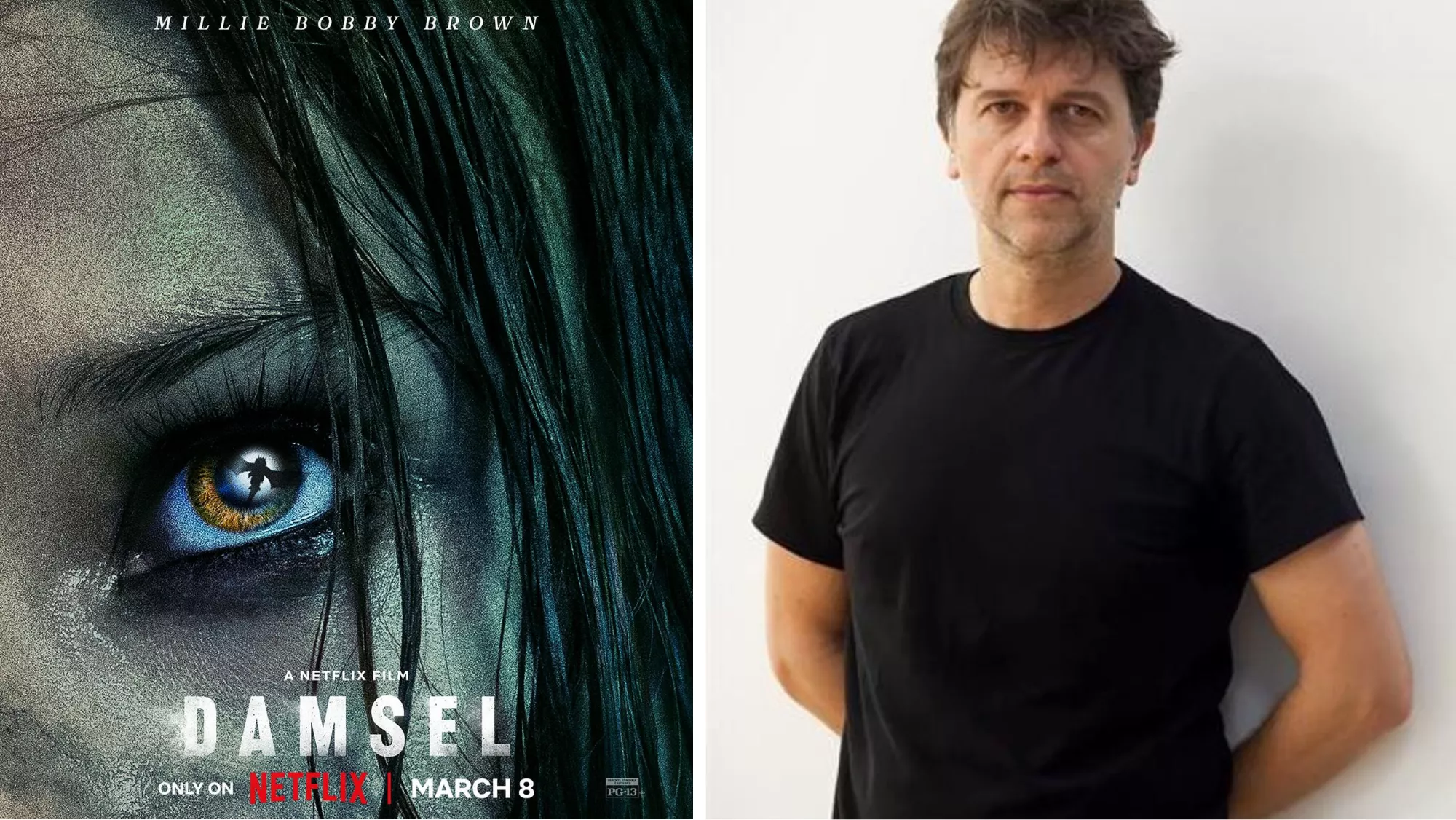 El cartel de 'Damsel' y Juan Carlos Fresnadillo. / AH