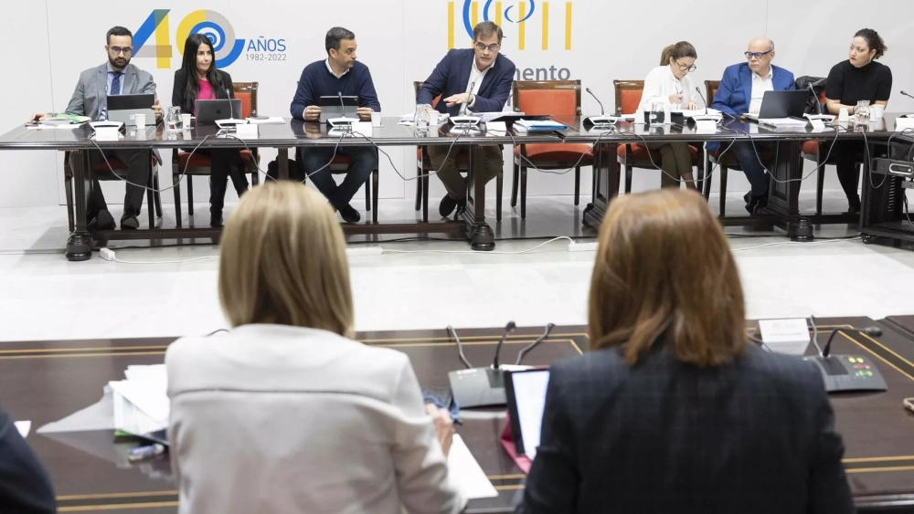 Fernando Enseñat (centro, de frente) interpela a las dos diputadas de Nueva Canarias, Esther González (de espaldas, izq.) y Carmen Hernández (espaldas, derecha). EFE / MIGUEL BARRETO Fernando Enseñat (centro, de frente) interpela a las dos diputadas de Nueva Canarias, Esther González (de espaldas, izq.) y Carmen Hernández (espaldas, derecha). EFE / MIGUEL BARRETO