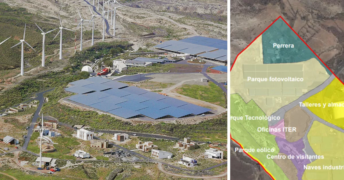 Composición con una imagen aérea del ITER y la Alternativa 0 de la planificación, que no establece ningún cambio y cataloga el espacio de la perrera. / CABILDO-PROYECTO