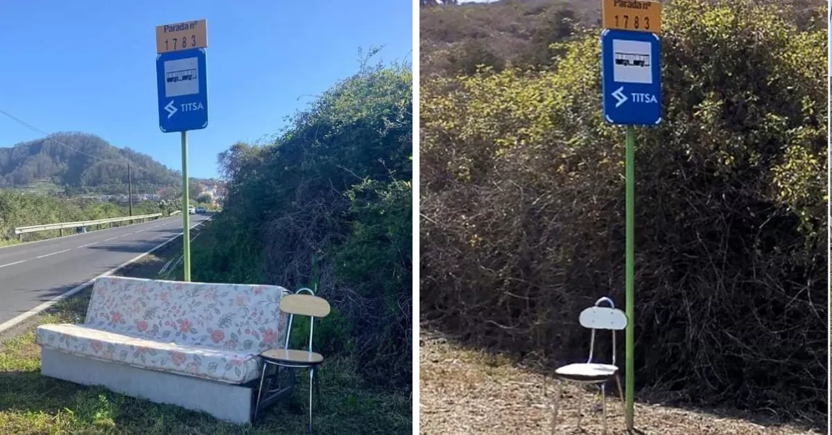 La parada de guagua 1783 en El Portezuelo (Tegueste) con una silla y un sofá cama./ REDES