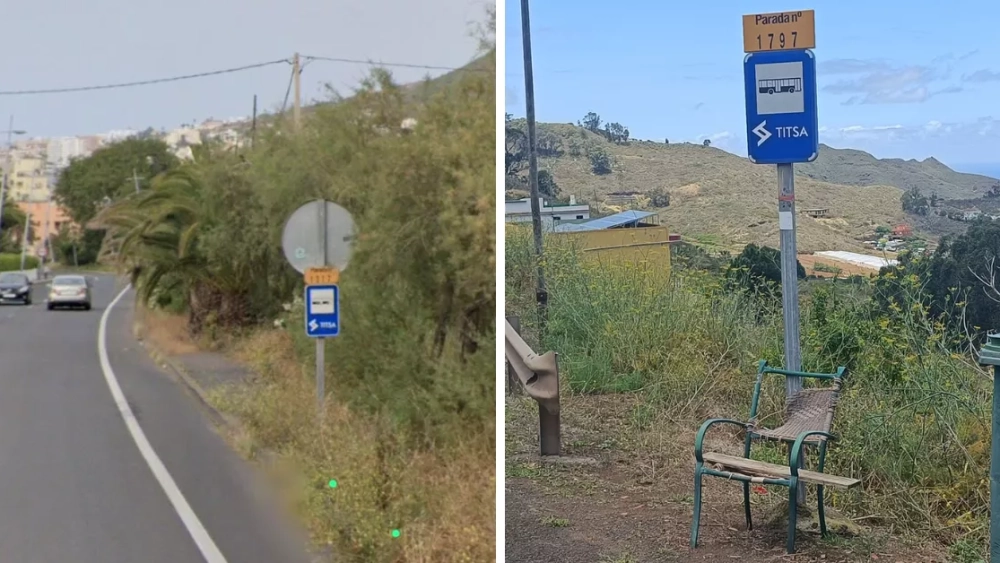 A la izquierda, una parada de guagua en el entorno de Tegueste sin medidas de seguridad para desembarcar viajeros. A la derecha, otra parada con una silla para esperar./ REDES