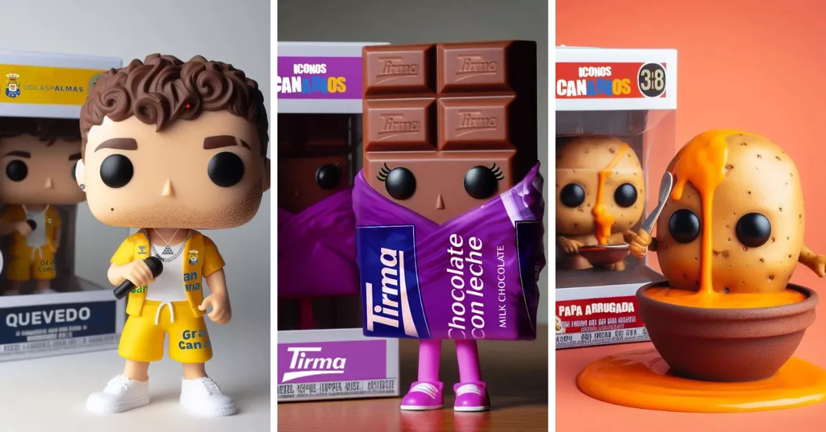 Montaje de tres diseños de Funko Pop de Jorge Leal con personajes y comida típica canaria / JORGE LEAL - FUNKOLOGO
