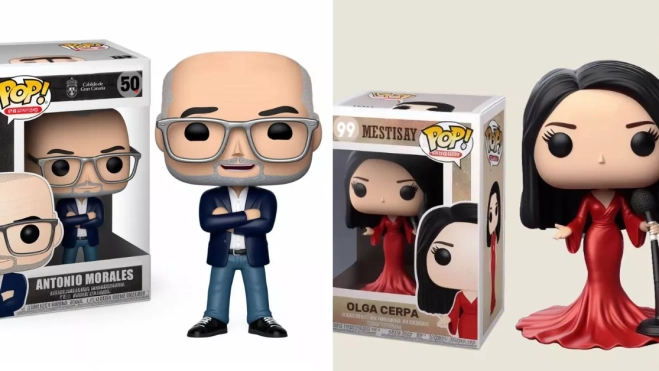 Montaje de dos Funko Pop diseñados por Jorge Leal de Antonio Morales y Olga CerpaJORGE LEAL FUNKOLOGO
