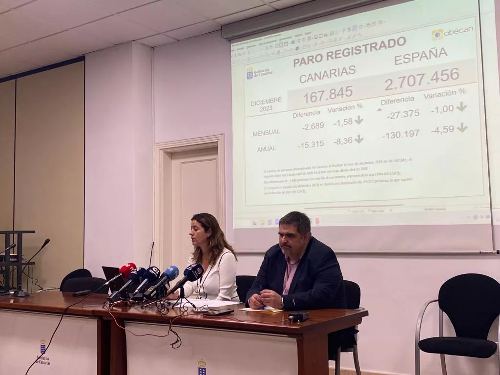 La viceconsejera de Empleo del Gobierno de Canarias, Isabel León, y el director general de Trabajo, José Ramón Rodríguez. / ATLÁNTICO HOY