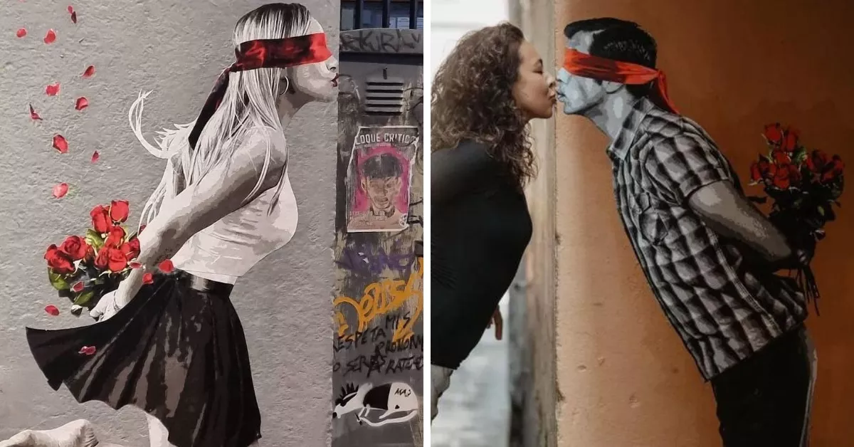 A la izquierda, 'El Beso 2', y a la derecha, 'El Beso', piezas de Alberto León, artista callejero de La Laguna./ REDES