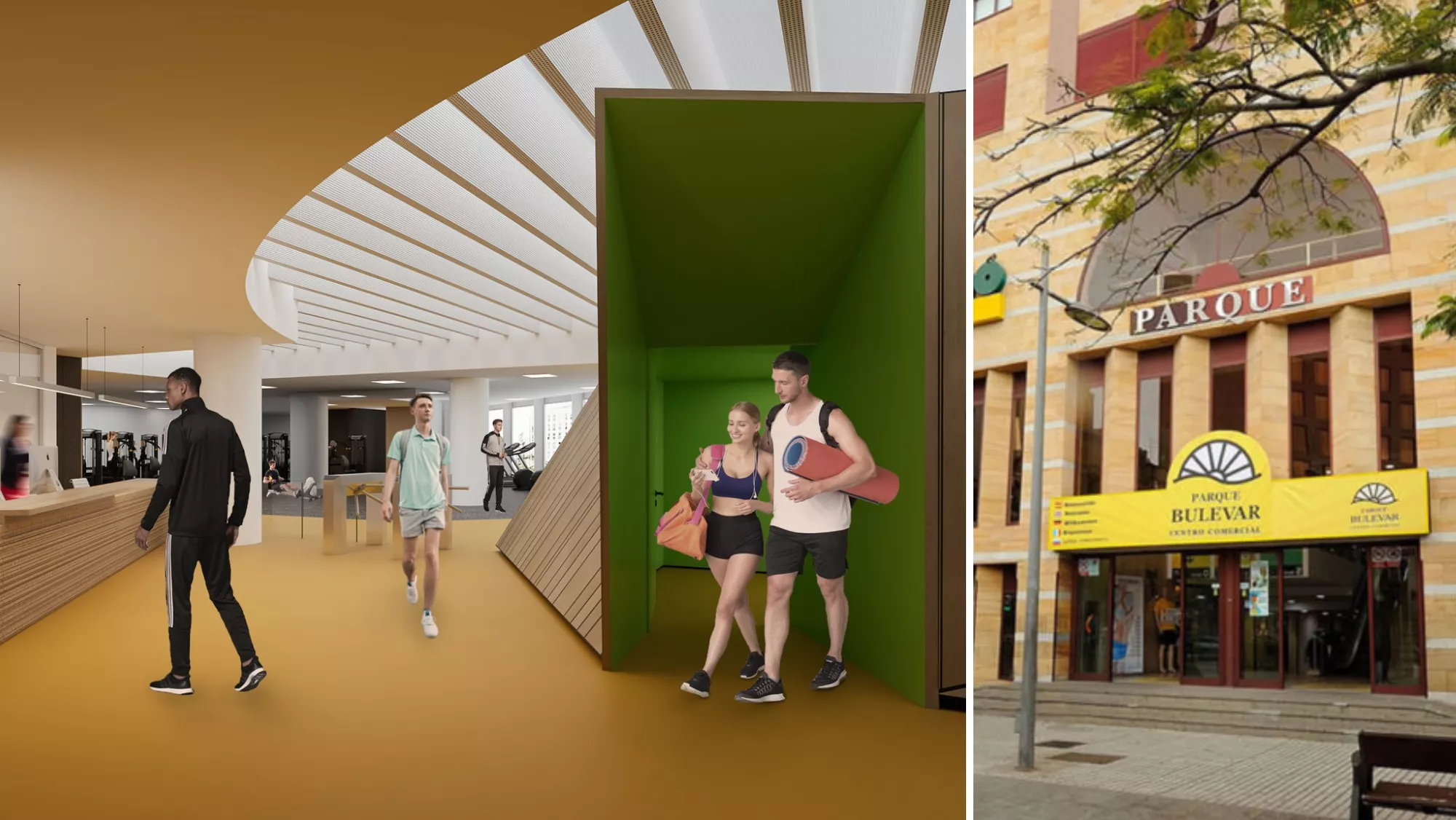 Simulación de las instalaciones del gimnasio AORA en el centro comercial Parque Bulevar de Santa Cruz de Tenerife./ MONTAJE AH