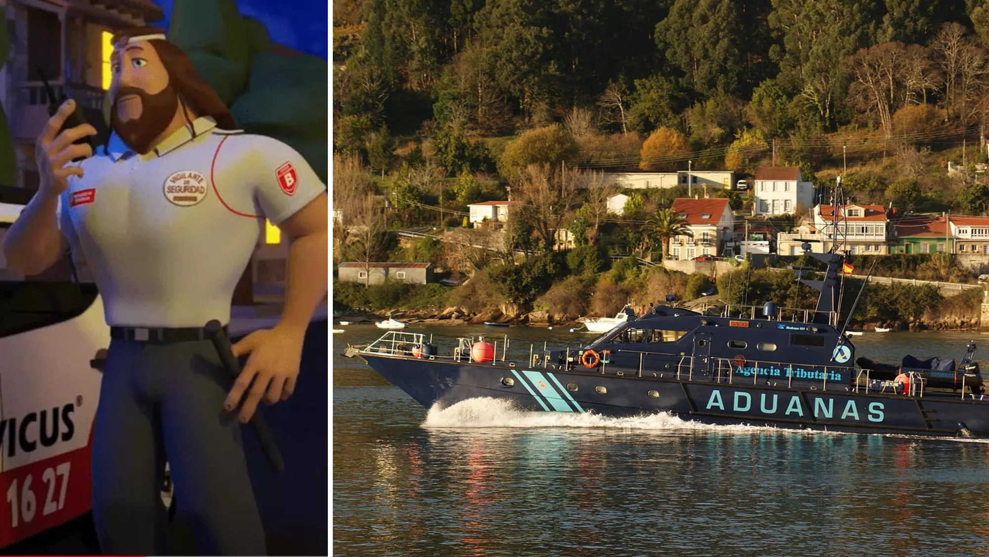 Animación promocional de un vigilante de seguridad de Biservicus y la patrullera Sacre de Vigilancia Aduanera, una de las embarcaciones que custodiará la empresa./ MONTAJE AH