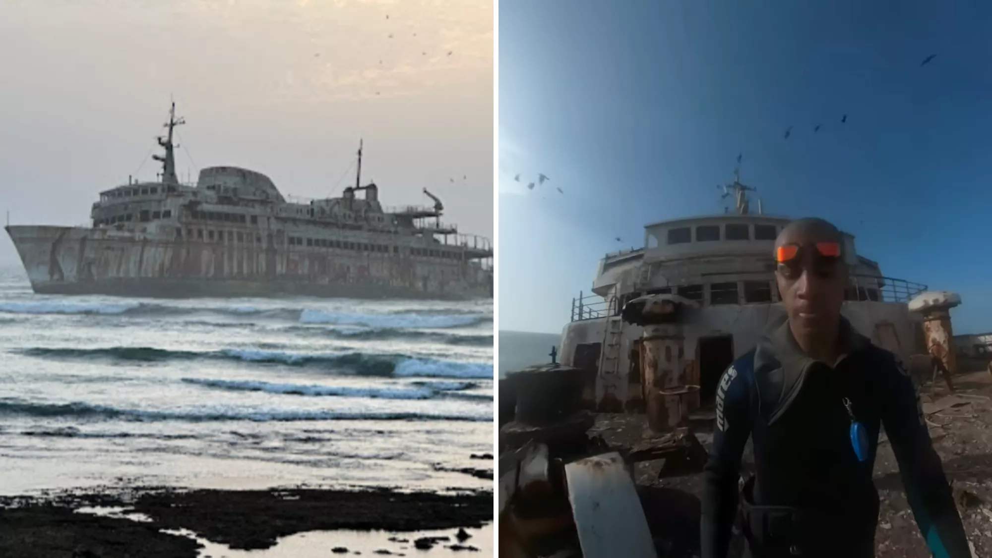 A la izquierda, el barco de Naviera Armas 'Assalama' visto desde la costa de Tarfaya (Marruecos). A la derecha, el youtuber marroquí Bin Nisnas dentro del barco en 2023./ A KOLJIN/ BIN NISNAS 