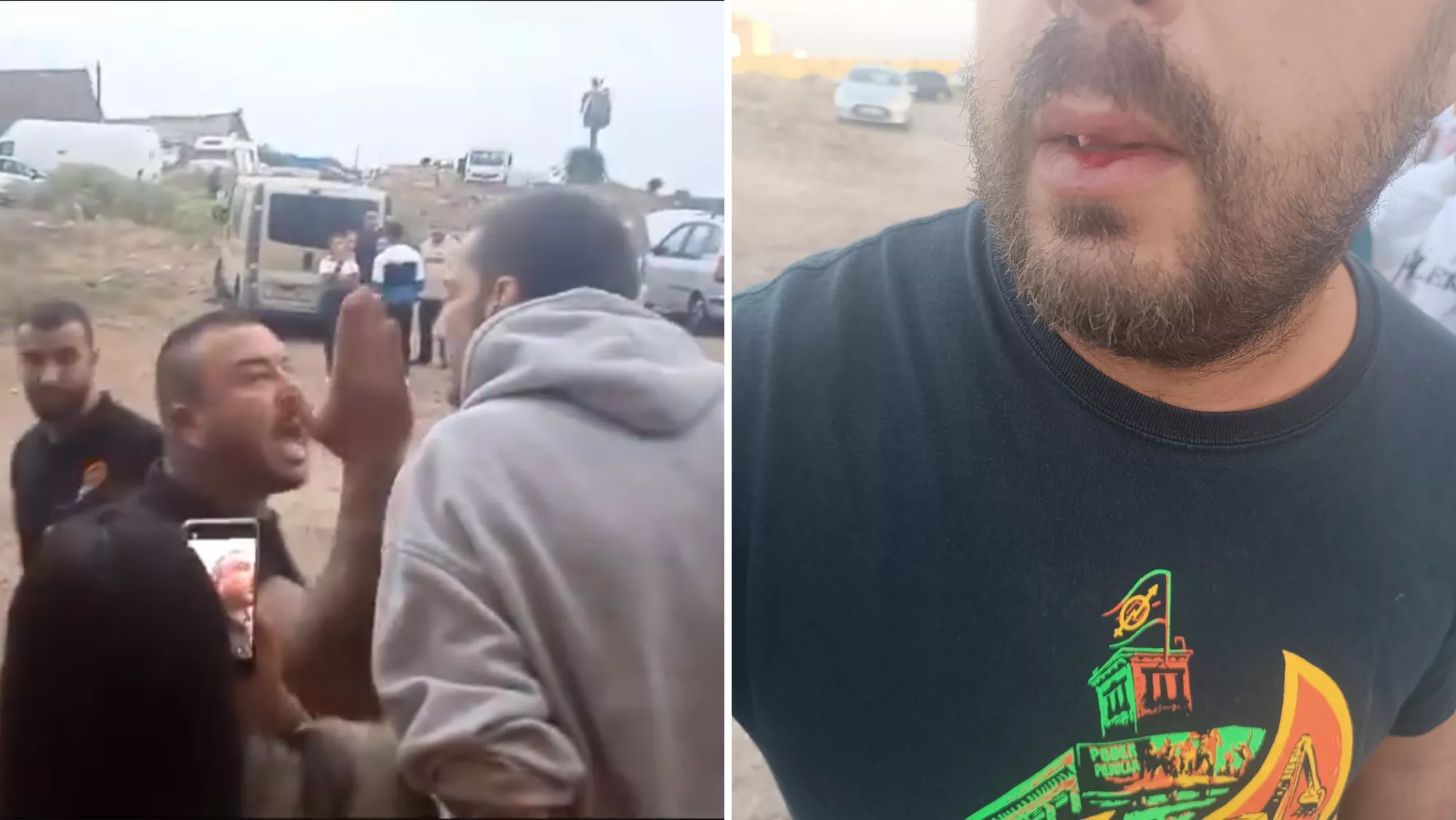 A la izquierda, un trabajador de la empresa de desocupación EZ Property Solutions hace el amago de pegar a un activista. A la derecha, otro activista muestra las heridas provocadas por una presunta agresión de otro trabajador./ SINDICATO INQUILINAS TENERIFE