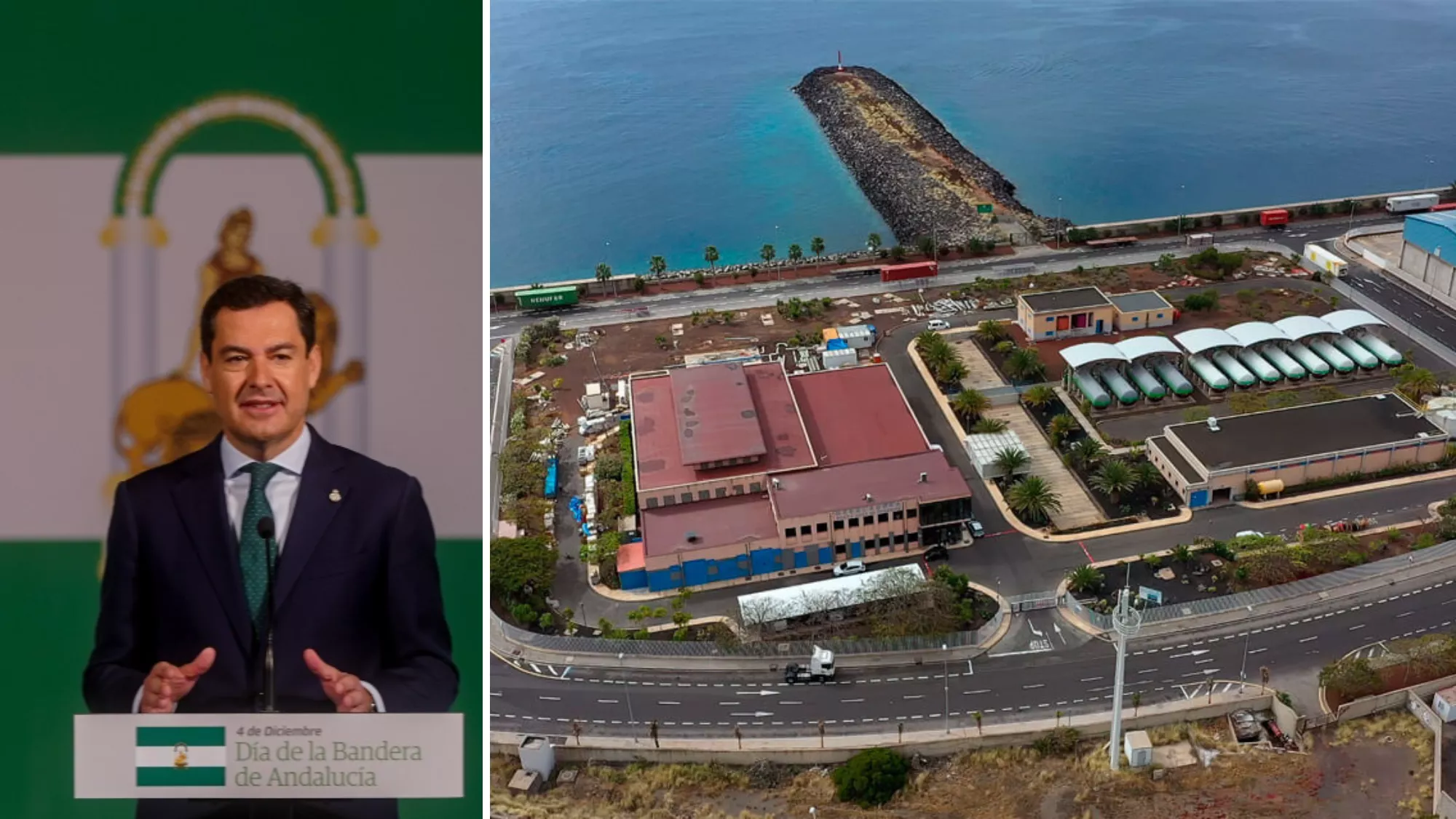 El presidente de la Junta de Andalucía, Juanma Moreno, y la desaladora de Santa Cruz de Tenerife./ MONTAJE AH