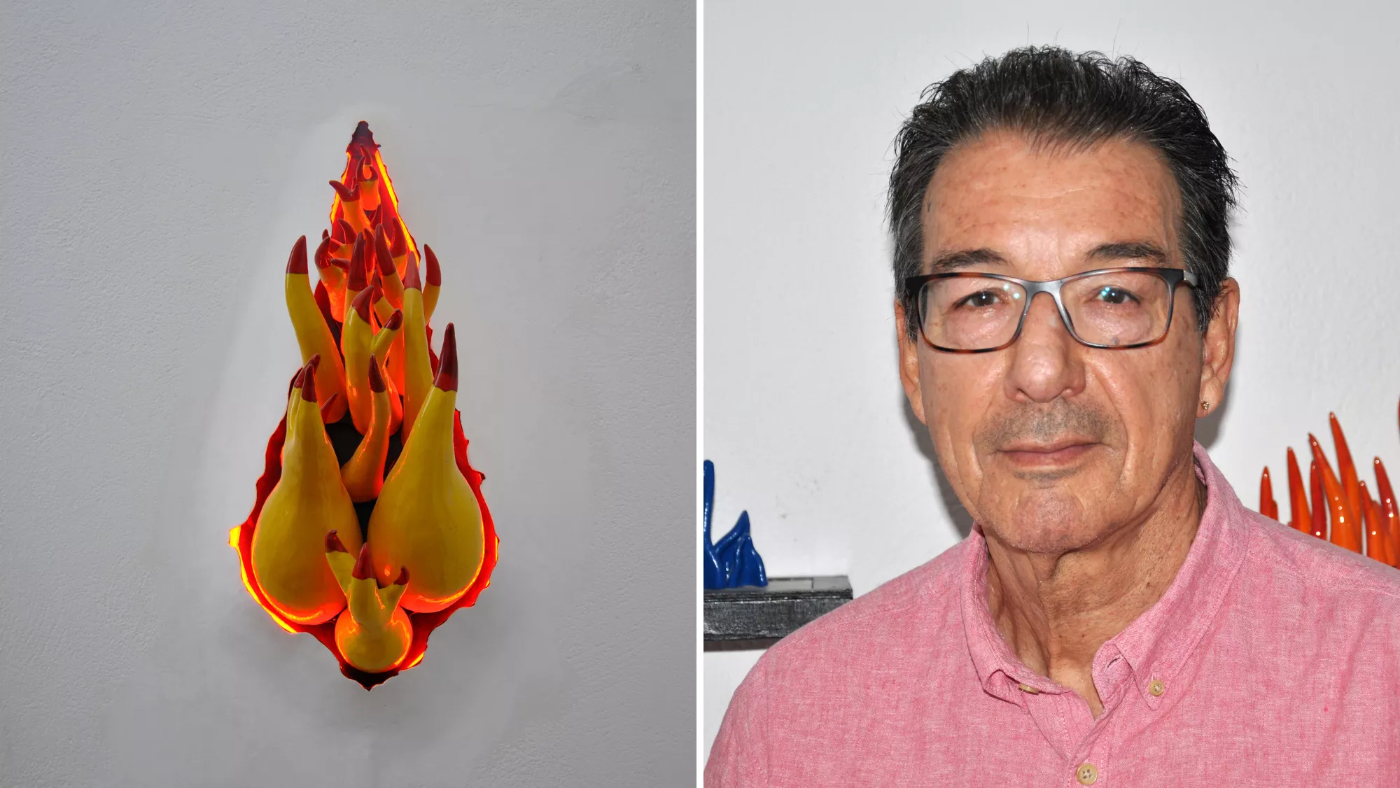 A la izquierda la obra de la muestra 'Fuego' y a la derecha el autor,  Domingo Díaz / CABILDO DE GRAN CANARIA