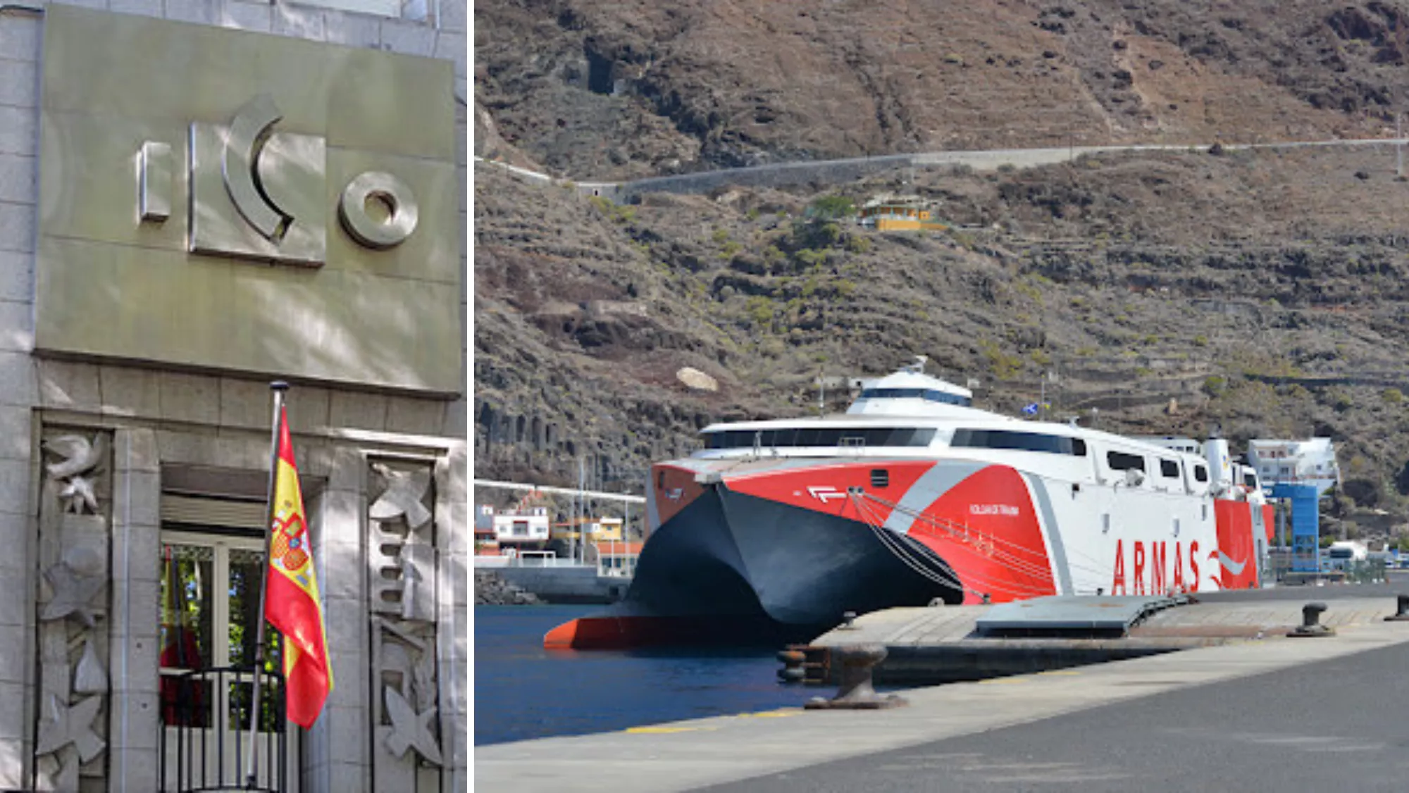 Sede del ICO en Madrid y un barco de Naviera Armas en El Hierro./ MONTAJE AH