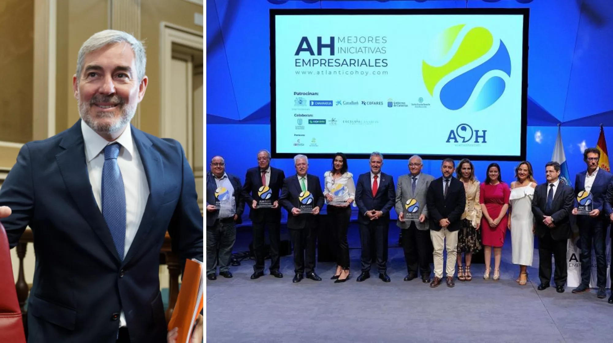El presidente del Gobierno de Canarias, Fernando Clavijo y una foto de los Premios Atlántico Hoy a las Mejores Iniciativas Empresariales 2023./