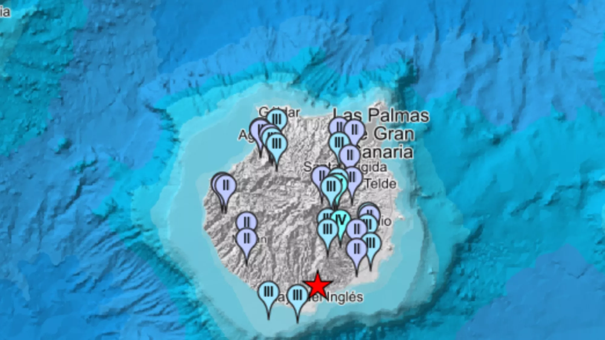 Intensidades del seísmo en Gran Canaria. / IGN 