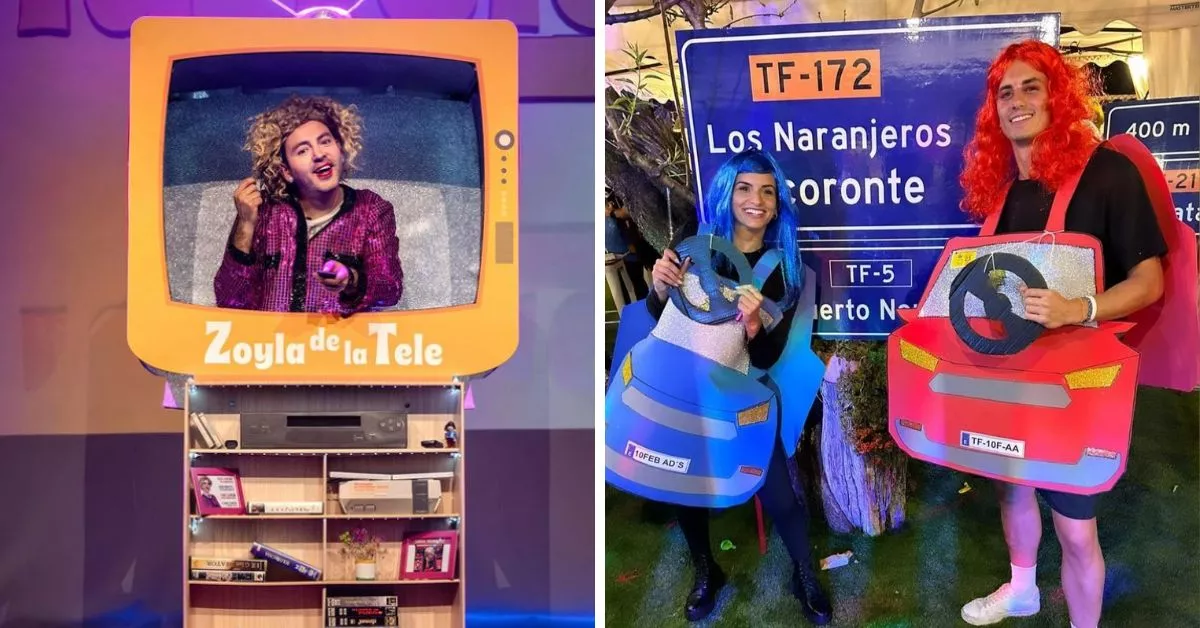 Darío López como 'Zoyla de la Tele' y parte del grupo del disfraz de la autopista de Tenerife / PALANTE PRODUCCIONES / ADRIAN PUXES / MONTAJE AH 