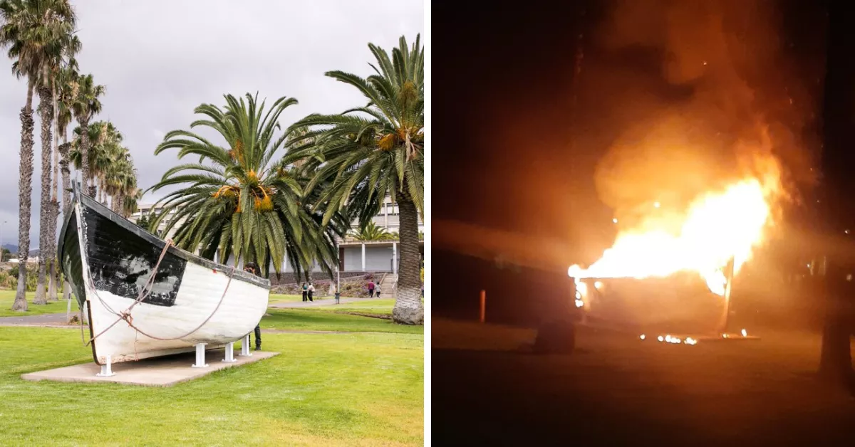 Patera de la ULL, antes y después de que le prendieran fuego./ ULL