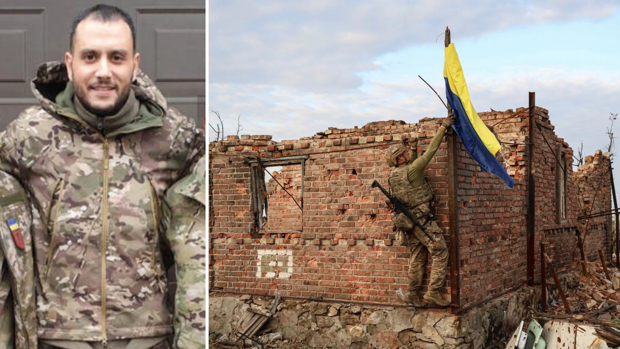 Diseño sin A la izquierda, el soldado voluntario canario Maximiliano Camino Aramuni. A la derecha, un soldado ucraniano se repliega en la ciudad de Andriivka./ MONTAJE AH2024 02 21T092542.710