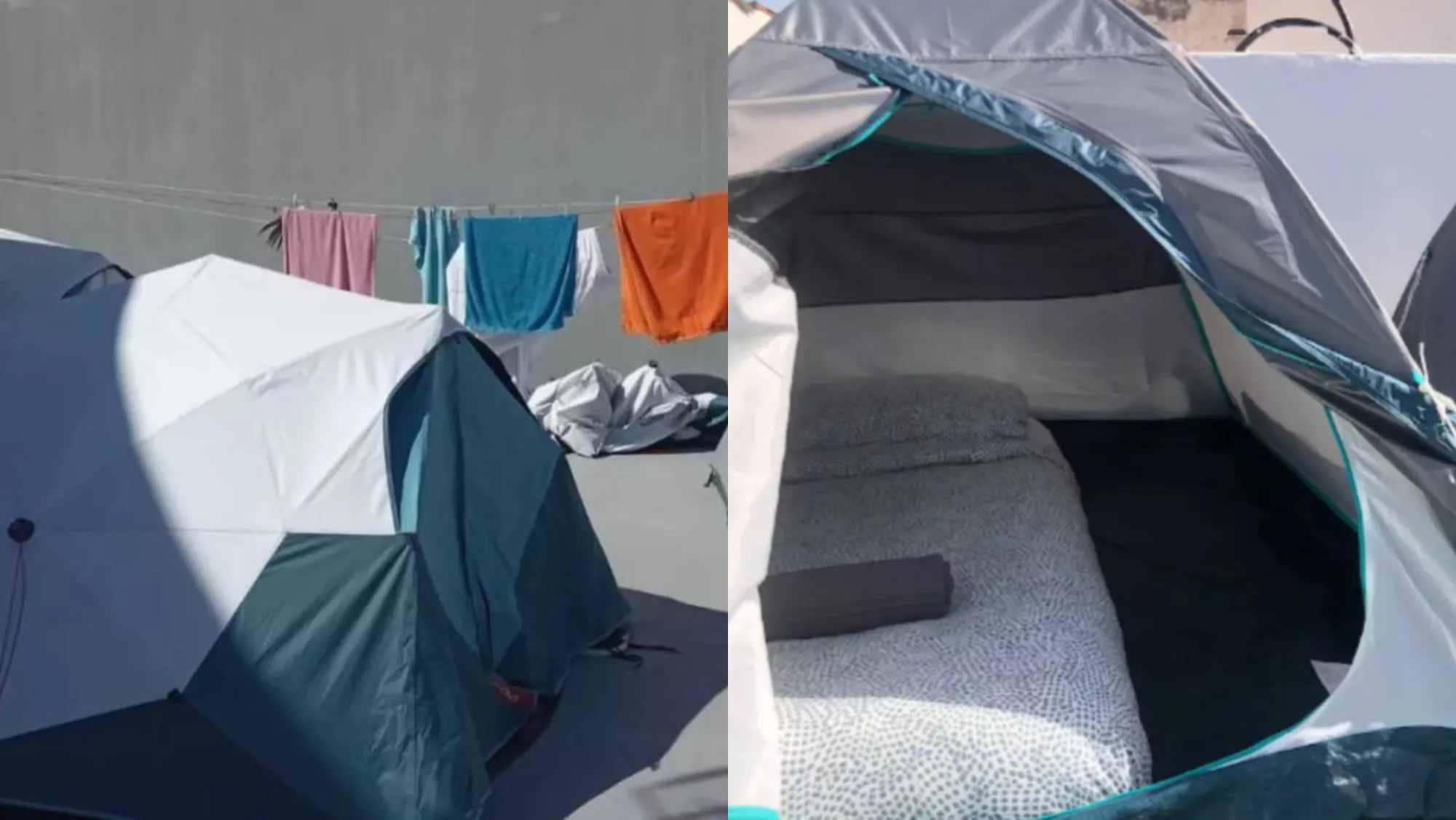 A la izquierda, imagen de las casetas de campaña en la azotea de Santa Cruz, a la derecha un usuario que las alquilaba en Lanzarote. / MONTAJE AH