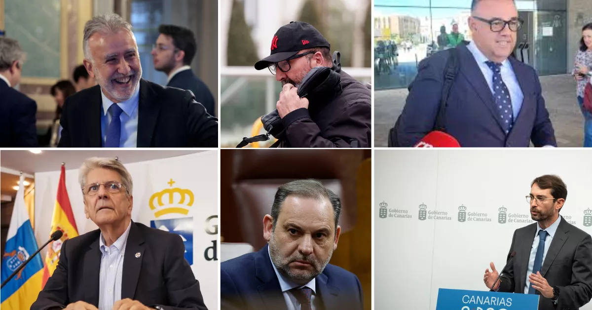 Koldo García y José Luis Ábalos, en el centro, rodeados por miembros del anterior Gobierno de Canarias: Ángel Víctor Torres, Julio Pérez, Conrado Domínguez y Antonio Olivera. / AH