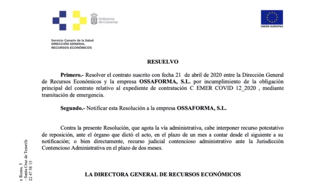 Documento del SCS que informa de la resolución del contrato con Ossaforma SL por incumplimiento.