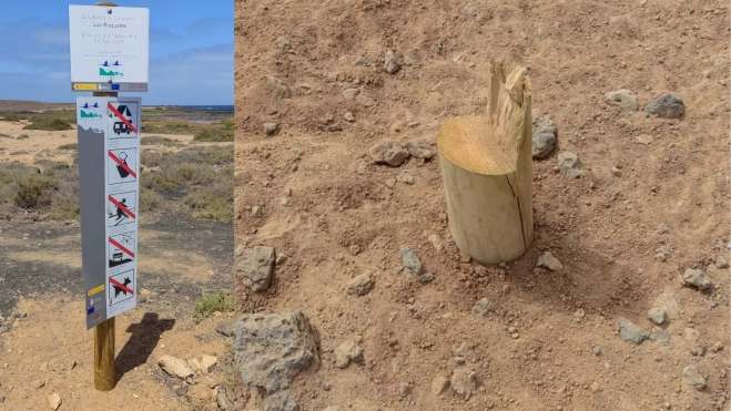 Cartel de prohibiciones en una reserva de Lanzarote arrancado / MONTAJE AH