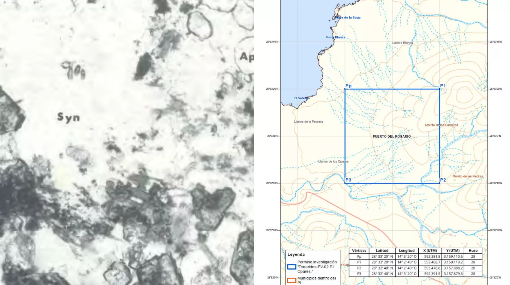 A la derecha, sección donde se aprecian minerales portadores de tierras raras; a la izquierda, mapa de Fuerteventura con las zonas a estudiar./ J. MANGAS (199·)