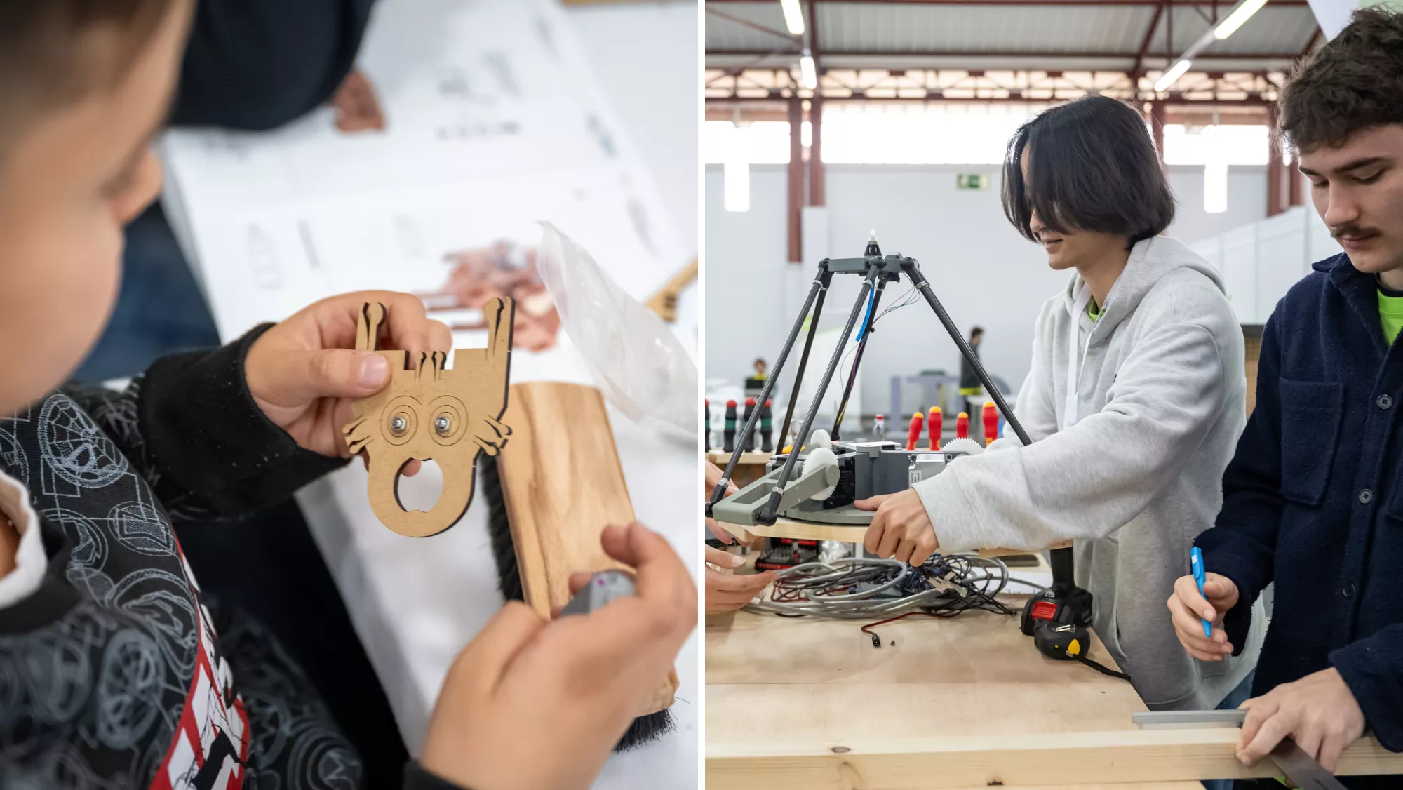 Un niño aprendiendo sobre robótica y unos universitarios en el Makeathon / SMART GREEN ISLAND MAKEATHON