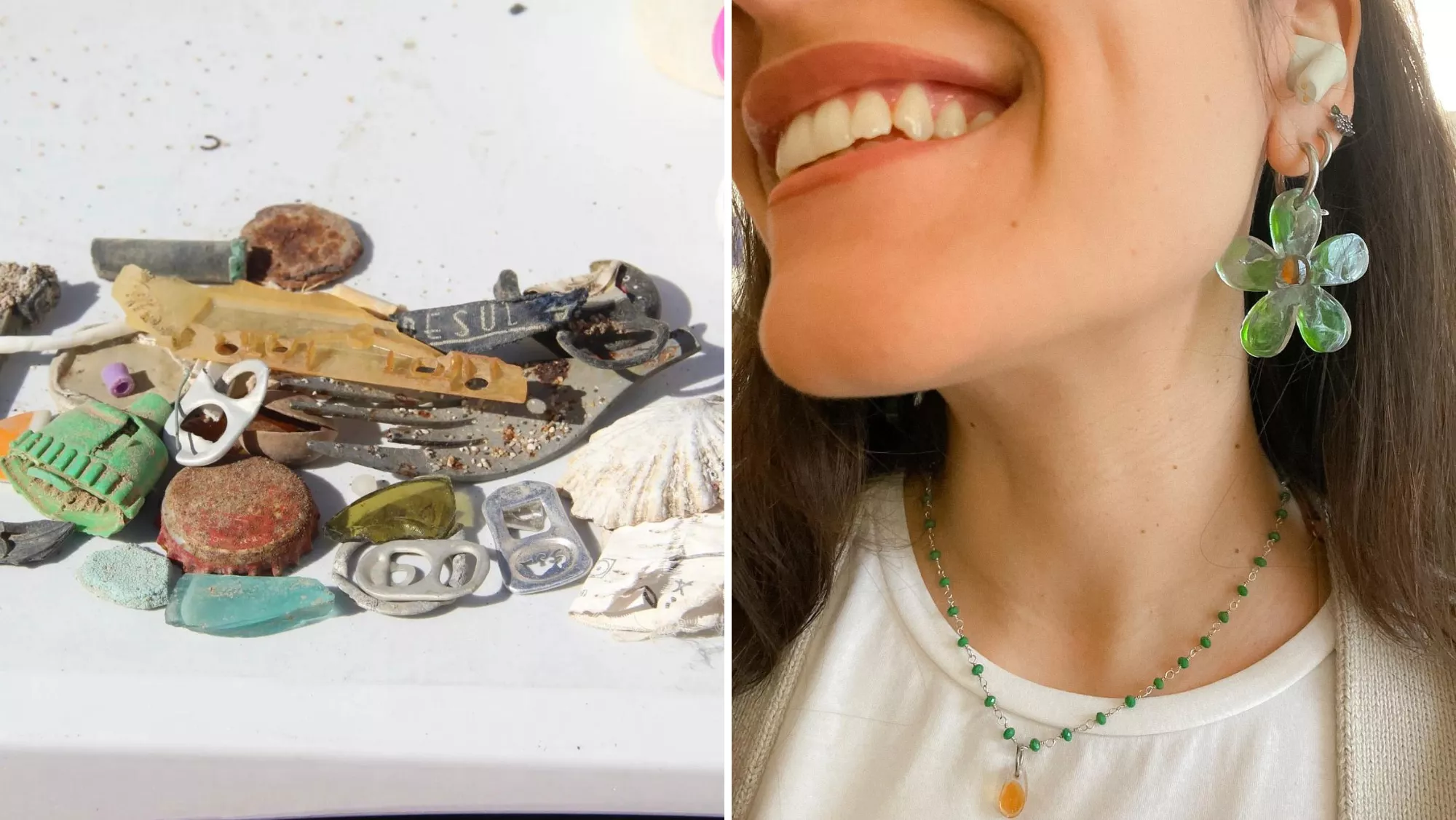 Plásticos que Cristina ha recogido de las playas canarias y una de sus joyas / CRISTINA MAHELO