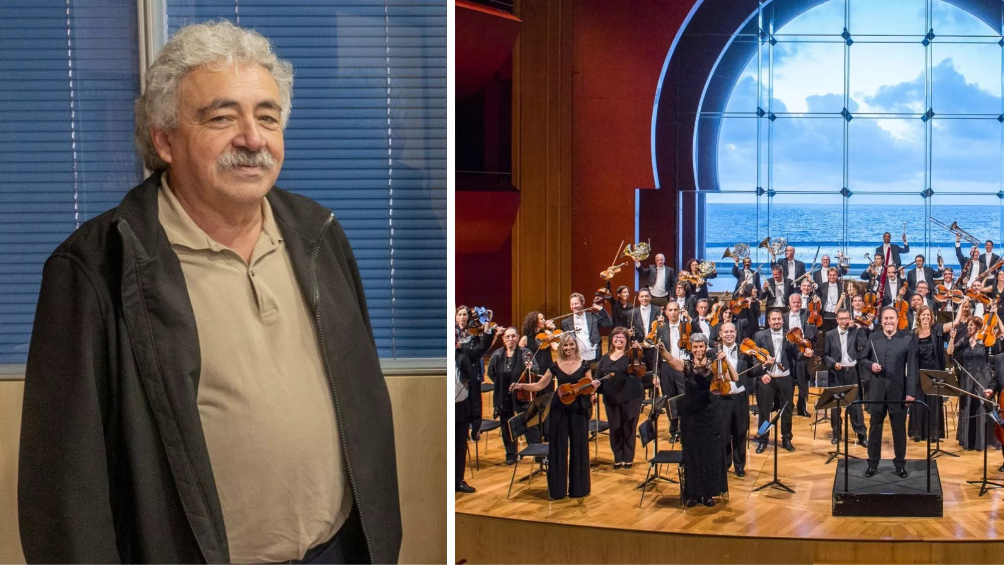 Manuel Benítez junto a una imagen de la Orquesta Filarmónica / MONTAJE AH
